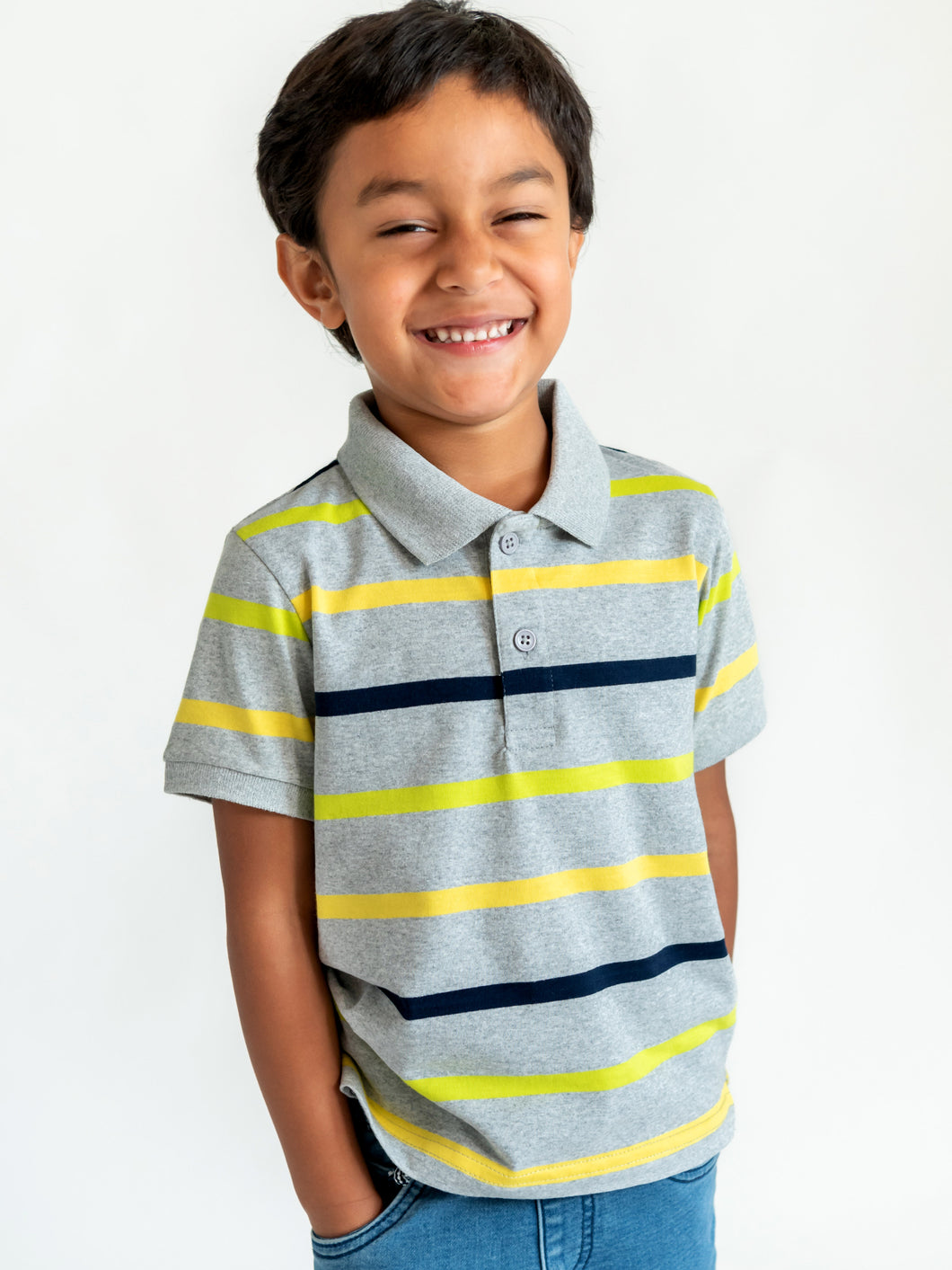 Campana Boys Pablo Pure Cotton Polo T-Shirt - Broad Stripes - Grey Melange