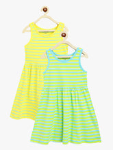 Load image into Gallery viewer, Campana Girls Pack of Two Cotton Jersey Striped Fit &amp; Flare Dresses - Canary Yellow &amp; Lime Green
