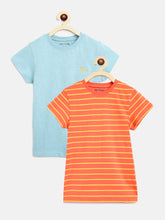 Load image into Gallery viewer, Campana Girls Steffi Pack of 2 Round Neck T-Shirts - Peach Stripe + Ice Blue Melange

